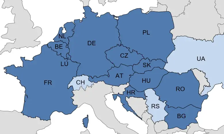 Europakarte mit hervorgehobenen COMEX2-Partnern