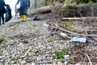 Plastikmüll auf Schotterfläche am Donauufer