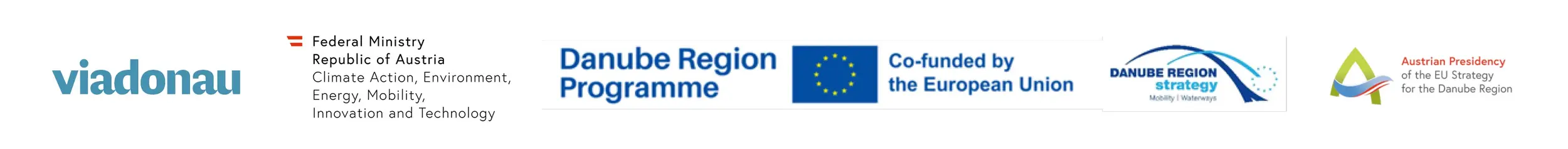 Logos viadonau, BMK, Danube Region Programme EU, EU Strategy for the Danube Region, Austrian Presidency for the Danube Strategy