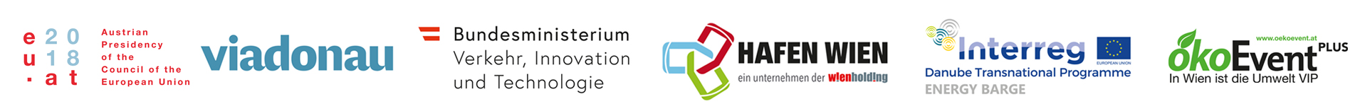 Logos: EU-Ratspräsidentschaft, viadonau, bmvit, Hafen Wien, Interreg Energy Barge, Ökoevent