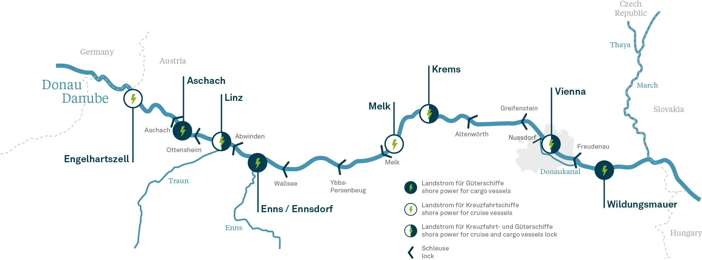 Map showing locations with existing shore power facilities for cargo and cruise vessels