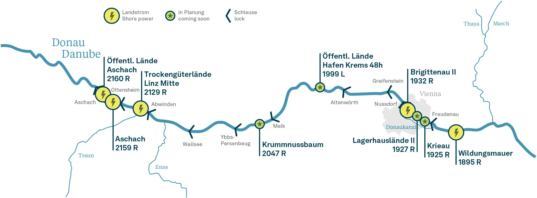 Map with public mooring locations in Austria with shore power facilities available