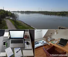 Picture collage consisting of one picture of the Danube and two pictures of a homeoffice workspace
