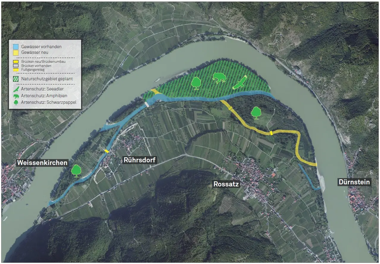 Luftaufnahme mit Grafik, Maßnahmenplan Rossatz/Rührsdorf