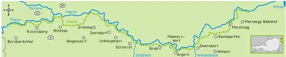 Karte des Verlaufs der March von tschechisch-slowakischer Grenze bis zur Mündung in die Donau