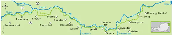 Karte des Verlaufs der March von tschechisch-slowakischer Grenze bis zur Mündung in die Donau