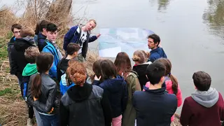 Gruppe Jugendlicher vor Wasserbauexperten am Marchufer