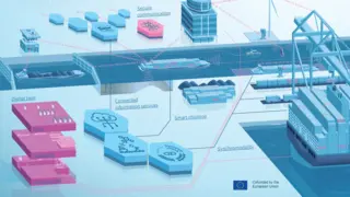 Infografik mit Binnenschiff und Netzwerkgrafik
