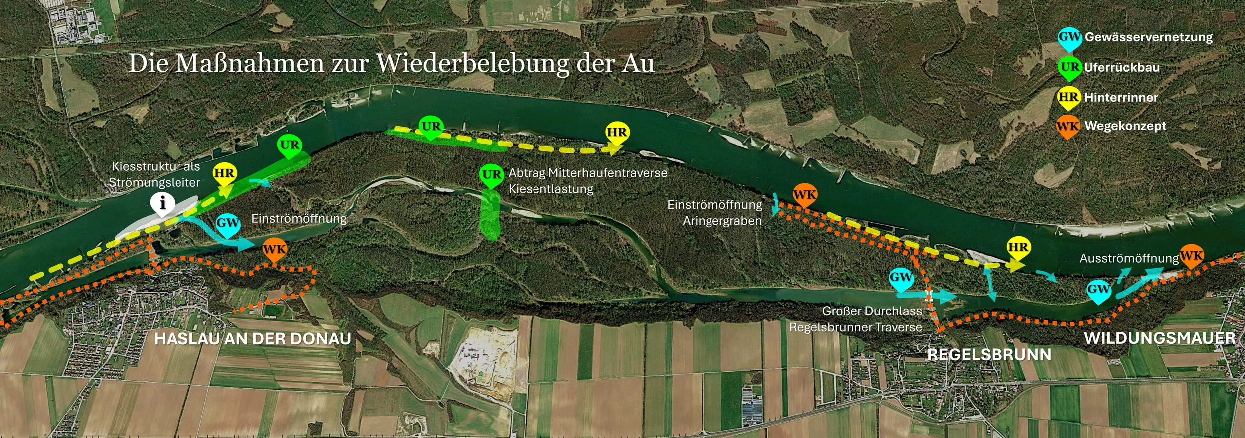Maßnahmenkonzept Gewässervernetzung Haslau-Regelsbrunn lt. Vorplanung, Quelle: viadonau 