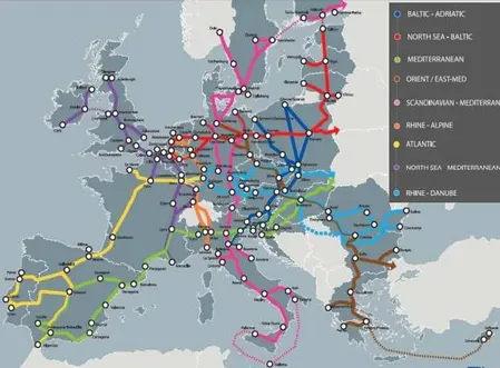 Europakarte, eingezeichnet die Korridore der transeuropäischen Verkehrsnetze von Portugal bis Baltikum und Türkei