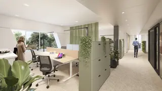 Architektonisches Konzeptbild Unternehmenszentrale viadonau, Innenansicht Büros und Mittelgang (Büroschiff)