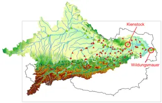 Darstellung des Donaueinzugsgebietes  mit  den Messstellen Kienstock und Wildungsmauer