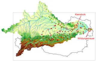 Darstellung des Donaueinzugsgebietes mit den Messstellen Kienstock und Wildungsmauer