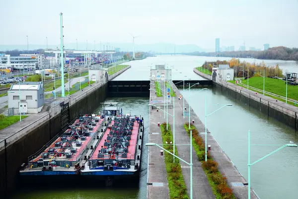 Cargo vessel in the lock chamber