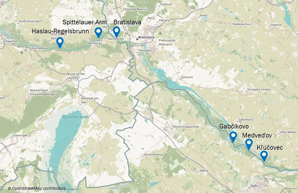Mapa s prehľadom úsekov Dunaja, na ktorých sú plánované renaturačné opatrenia