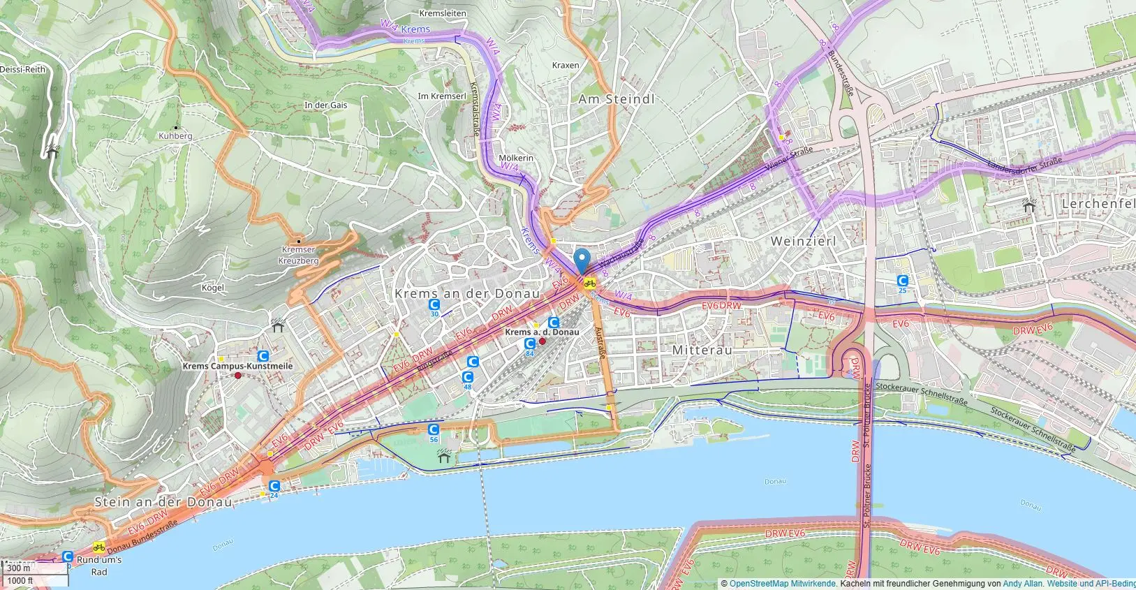 Kartenausschnitt Krems mit Markierung Wachaubrücke