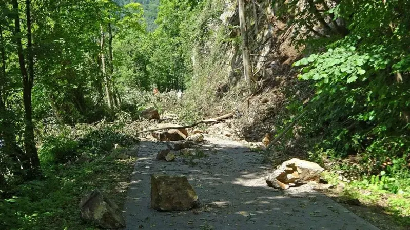 Treppelweg unmittelbar nach Felssturz, Felsen liegen auf dem Weg