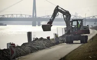 dredging works at the danube riverside in Linz
