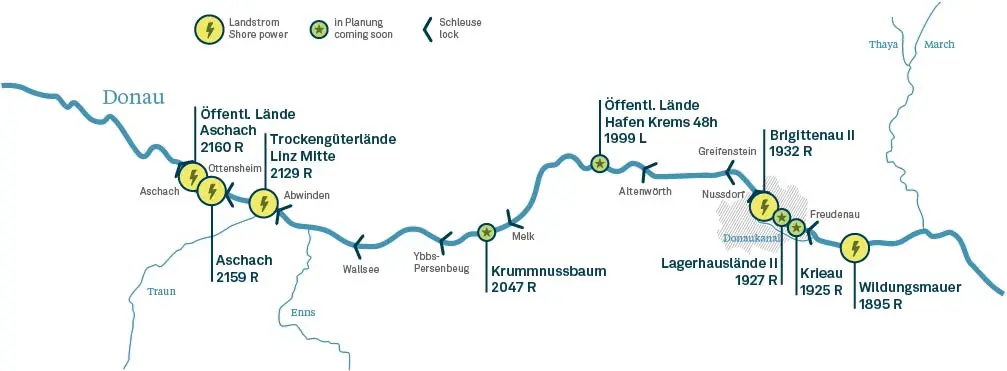 Karte mit Länden wo Landstrom an der österreichischen Donau verfügbar ist