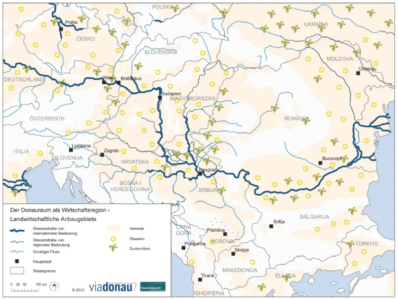 Karte - landwirtschaftliche Anbaugebiete im Donauraum