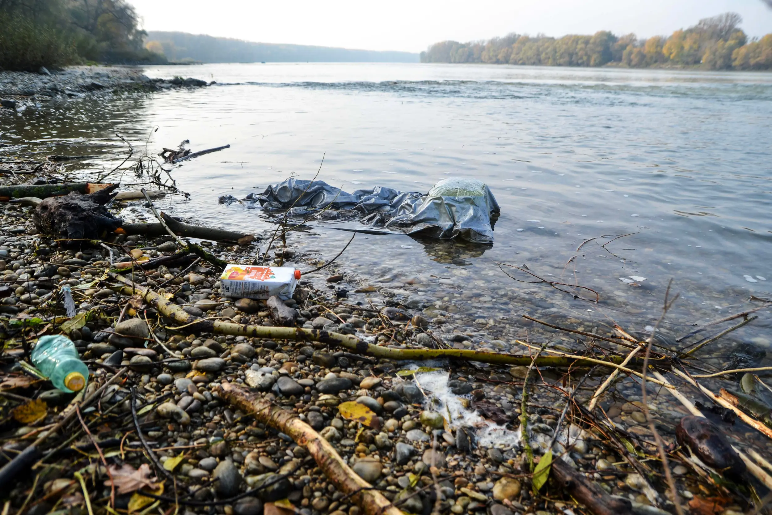 Plastic waste along the riverbank of the Danube