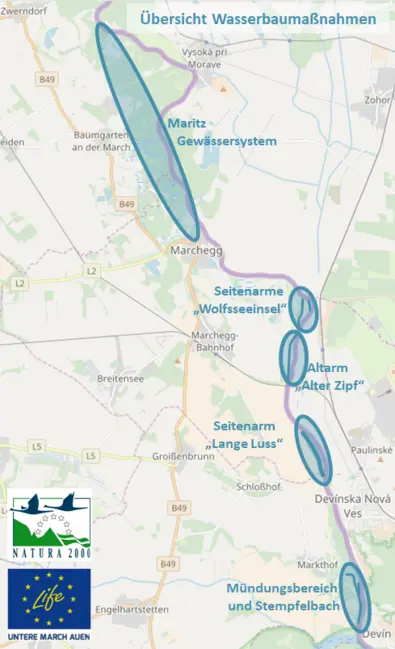 Übersichtskarte der geplanten Maßnamen im Projektgebiet zwischen Angern und der Mündung in Marchhof