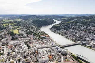 Bird view of Linz with the Danube river