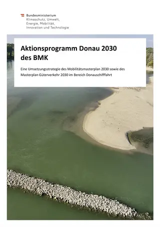 Cover des Aktionsprogramms DOnau 2030, Donau mit Naturufer und Buhne