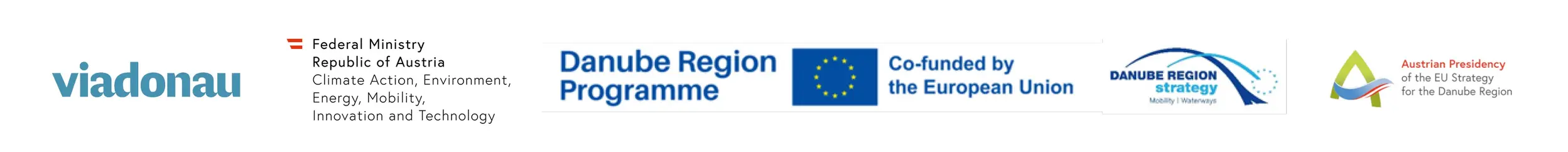 Logos viadonau, BMK, Danube Region Programme EU, Danube Region Strategy, Austrian Presidency of the EU Strategy for the Danube Region