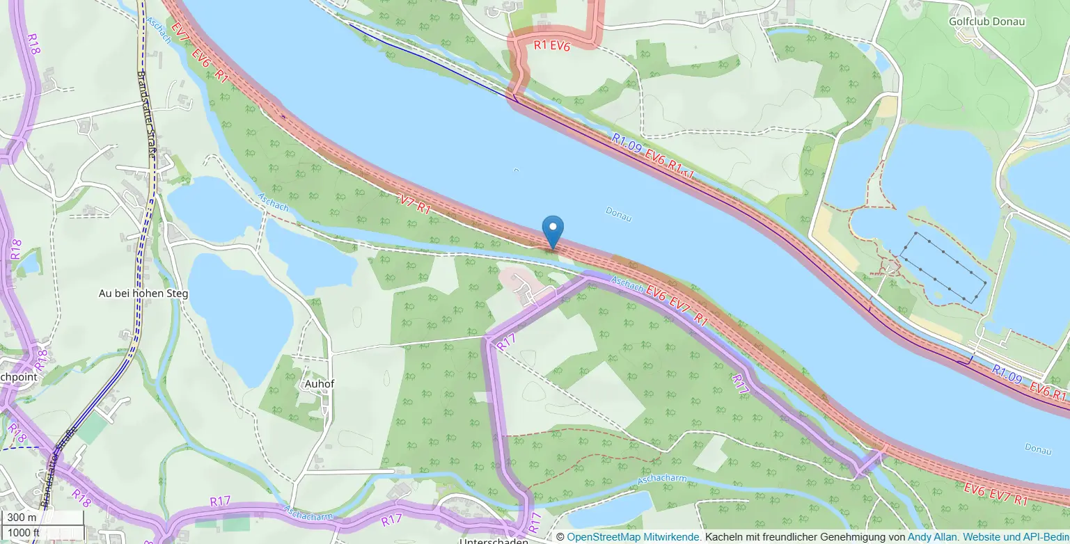 Kartenausschnitt Donau bei Aschach