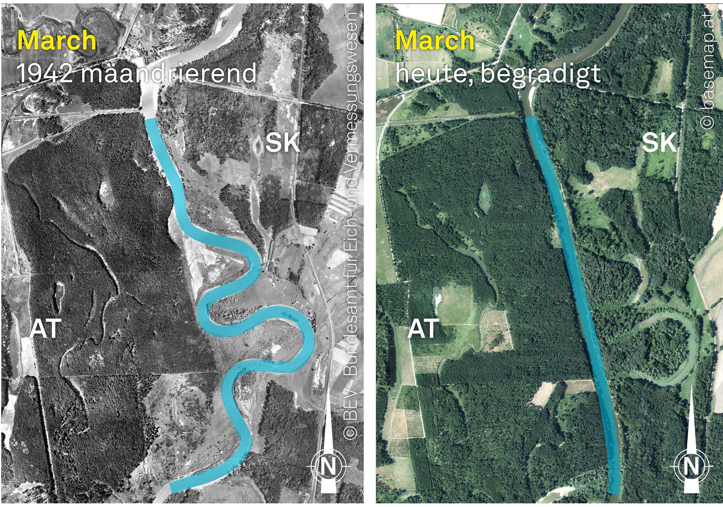 Luftaufnahme des Projektgebiets 1942 und aktuell