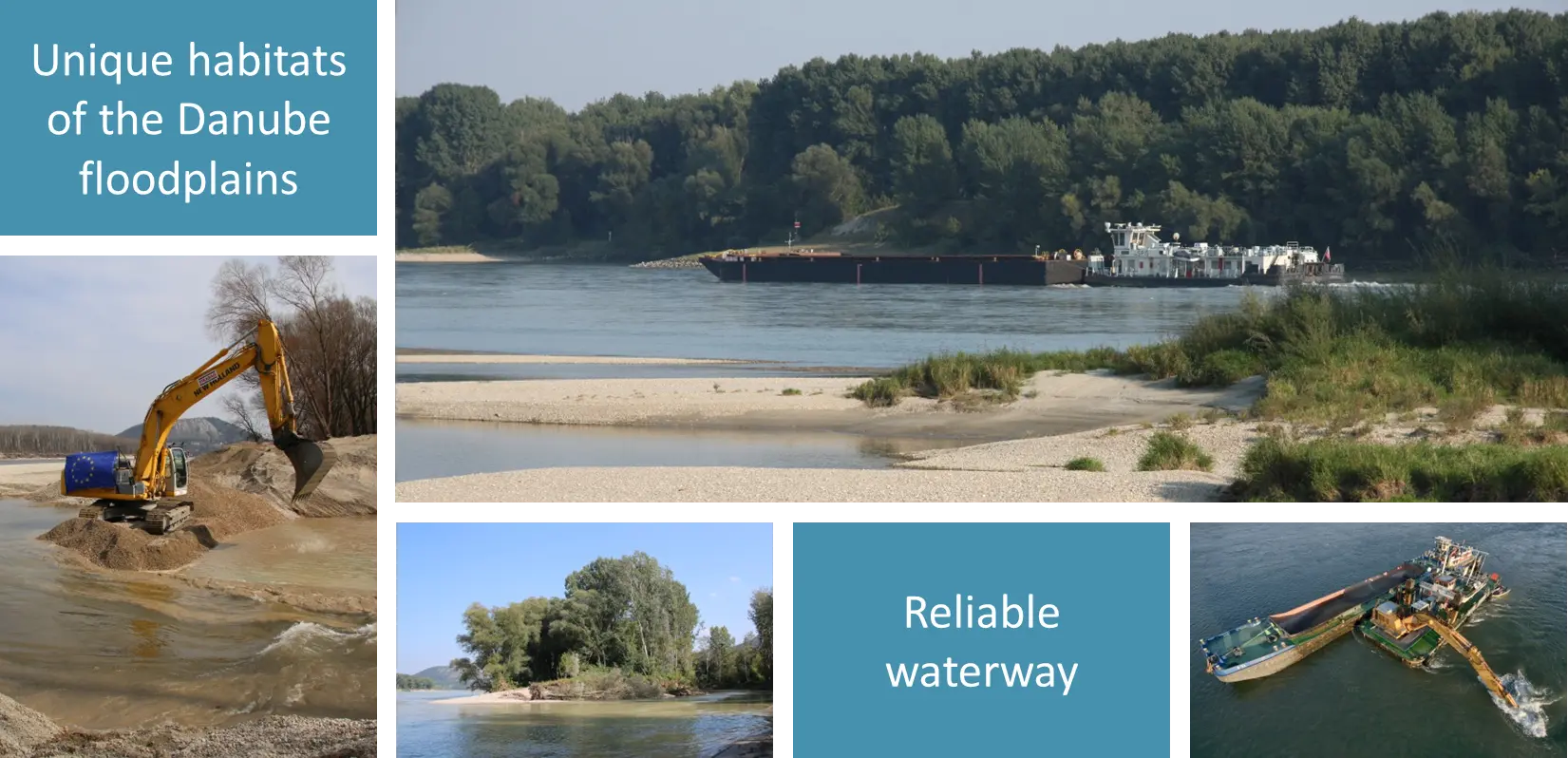 Collage of measures on the Danube river, impressions of the riverside, dredging activity