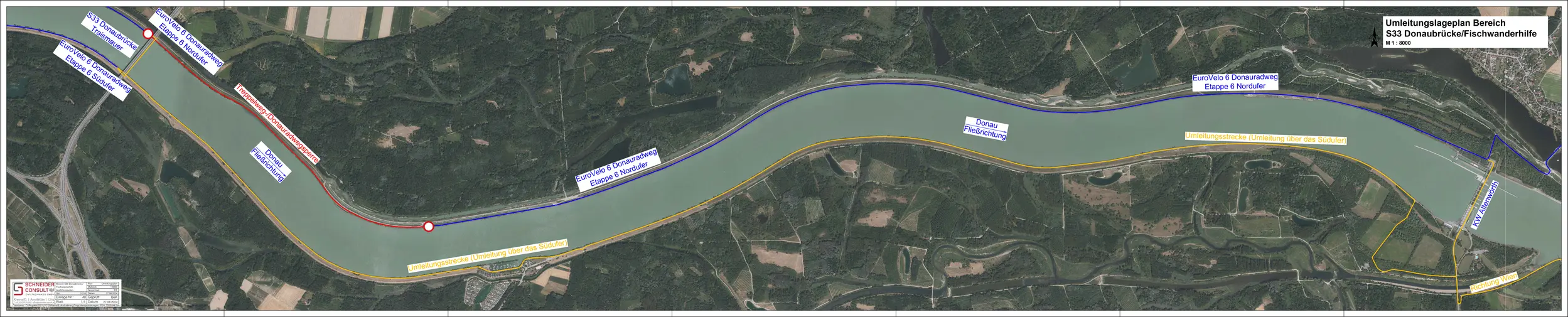 Kartenausschnitt Donau, Donabrücke Traismauer bis Altenwörth