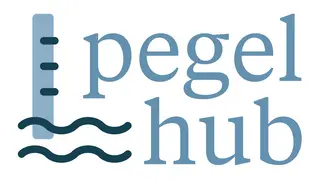 Pegelhub Logo, stilisierte Strichskala über Wellenlinien, links Schriftzug Pegel Hub