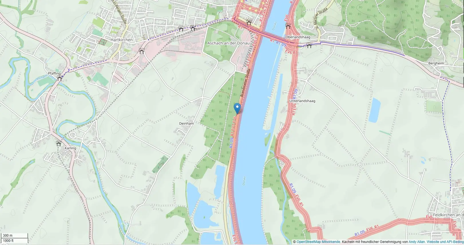 Kartenausschnitt Donau bei Aschach
