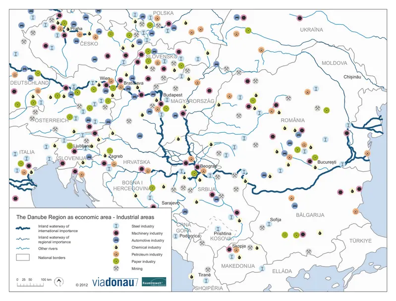 Map, industrial centers in the danube region
