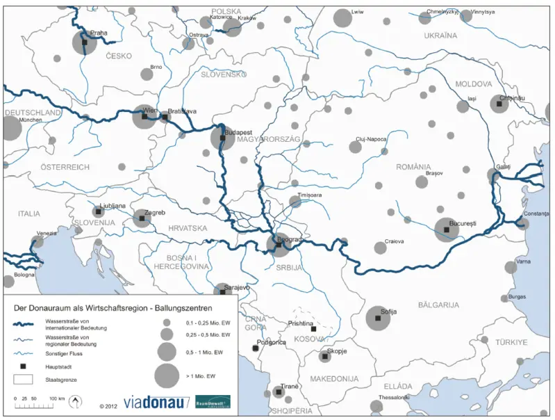 Karte - Ballungszentren im Donauraum