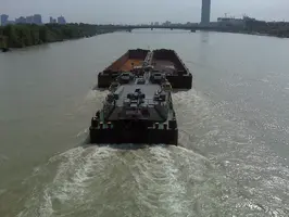 Schubverband auf der Donau in Richtung Horizont
