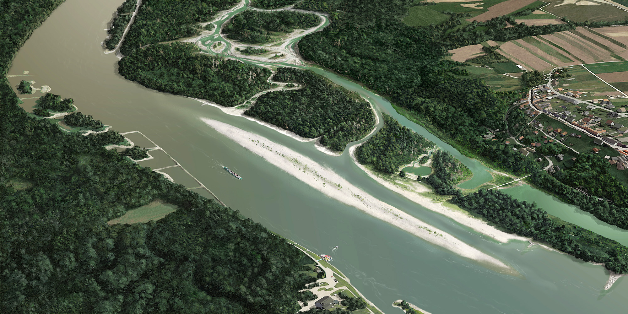 Visualisierung von Donau und Nebenarm bei Haslau