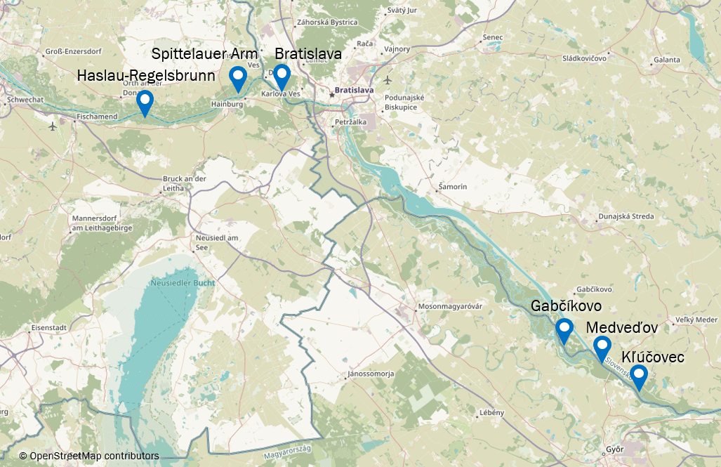Mapa s prehľadom úsekov Dunaja, na ktorých sú plánované renaturačné opatrenia