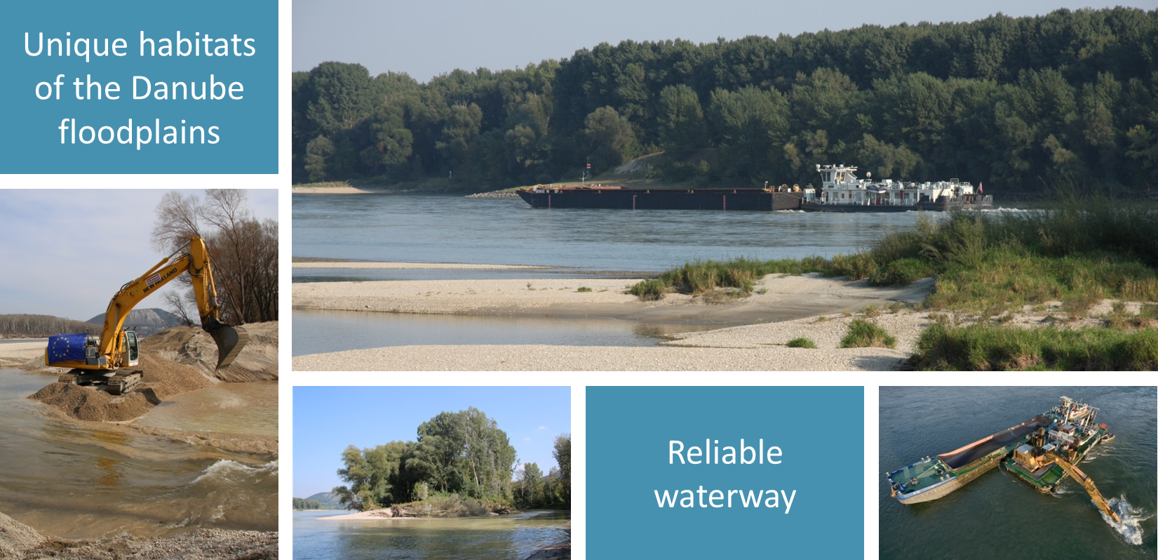Collage of measures on the Danube river, impressions of the riverside, dredging activity